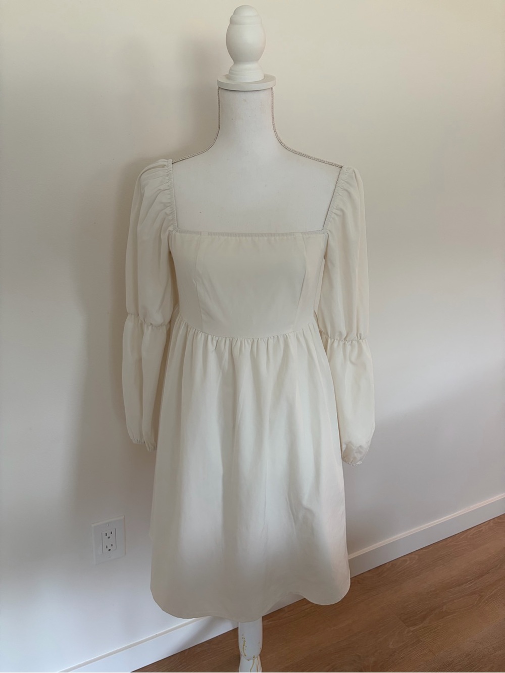 Cream Square-Neck Puff Sleeve Dress